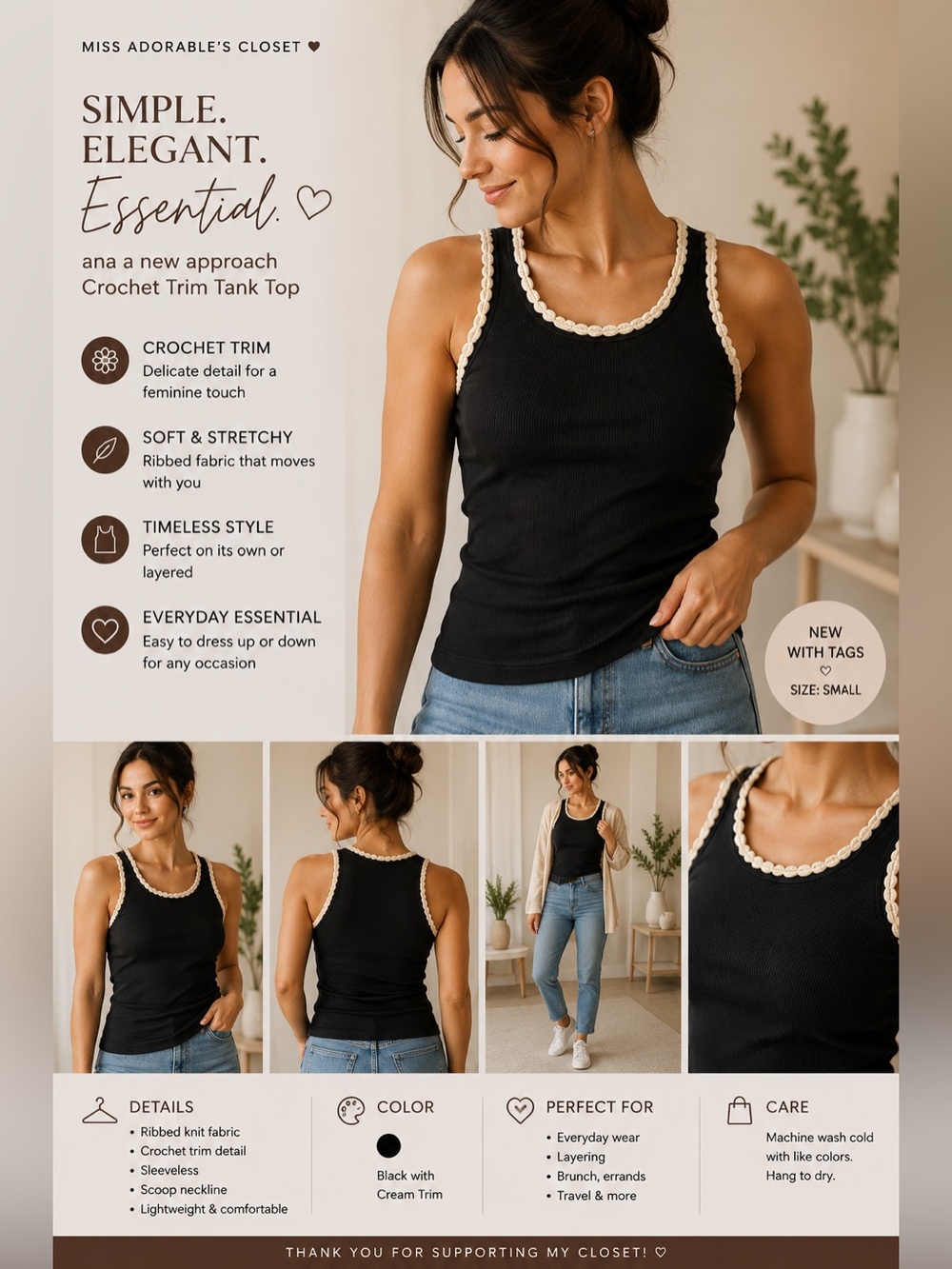 Black Ribbed Tank Top | Crochet Trim | Classic Everyday Essential a.n.a NEW